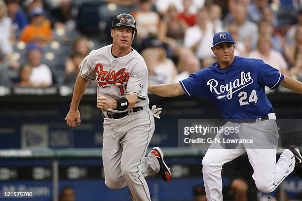 Mark Teahen of the Royals gets Jeff Conine during a run down in action between the Baltimore Orioles and Kansas City Royals at Kauffman Stadium in...