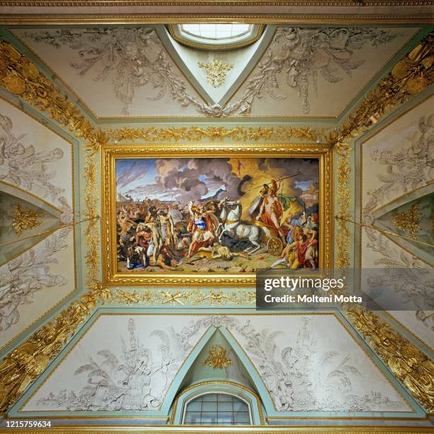 Royal Palace of Caserta, year 1752-1773 project by Luigi Vanvitelli Hall of Mars ceiling vault fresco 'The Triumph of Achilles' by Antonio Calliano.