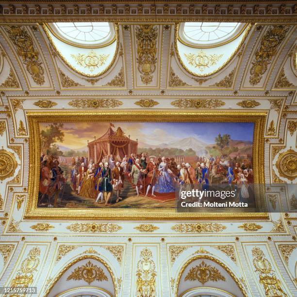 Royal Palace of Caserta, year 1752-1773 project by Luigi Vanvitelli ceiling vault fresco ceremony of laying the first stone with the king the queen...