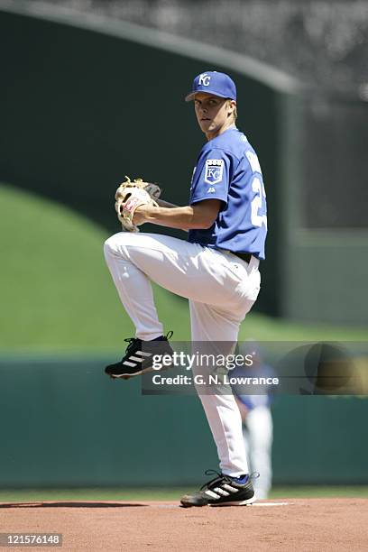 Zack Greinke of the Kansas City Royals started and pitched 6 scoreless innings against the Seattle Mariners at Kauffman Stadium on April 13, 2005....