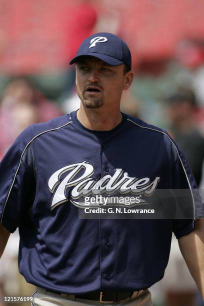Trevor Hoffman of the San Diego Padres warms up prior to playing against the St. Louis Cardinals at Busch Stadium in St. Louis, Mo. On May 7, 2005....