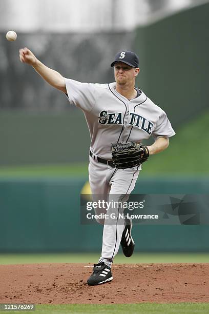 Ryan Franklin of the Seattle Mariners went 8-2/3 innings and got the win against the Kansas City Royals at Kauffman Stadium on April 11, 2005....