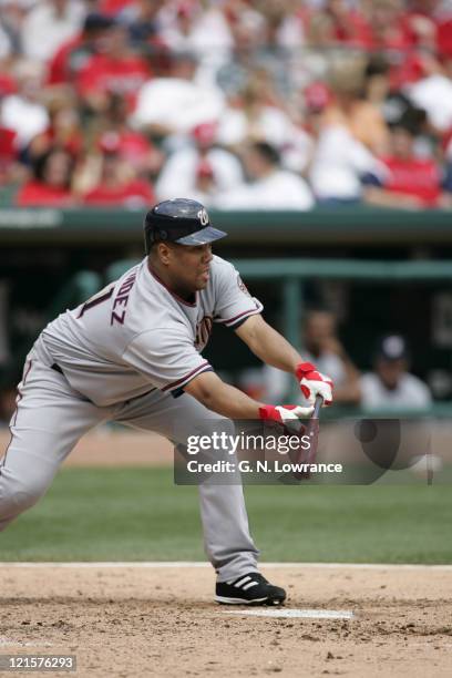 Livan Hernandez of the Washington Nationals lays down a bunt during a game against the St. Louis Cardinals at Busch Stadium in St. Louis, Mo. On May...