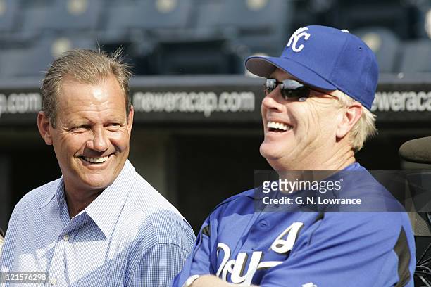 George Brett jokes with new Royals manager Buddy Bell before the game against the New York Yankees in Kansas City on May 31, 2005.