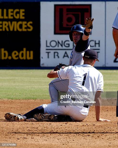Rhode Island Rams base runner asks for time out against the Pepperdine Waves in a 2 to 1 loss in the NCAA Long Beach Regional on June 4, 2005 at...