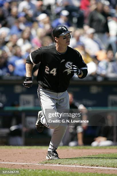 Joe Crede of the Chicago White Sox in action against the Kansas City Royals on April 24, 2005 at Kauffman Stadium in Kansas City, Missouri. Chicago...