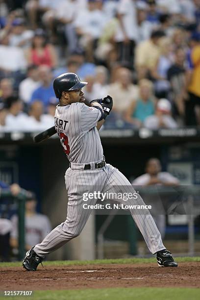 Shannon Stewart of the Minnesota Twins in action against the Kansas City Royals at Kauffman Stadium in Kansas City, Missouri on July 7, 2005. The...