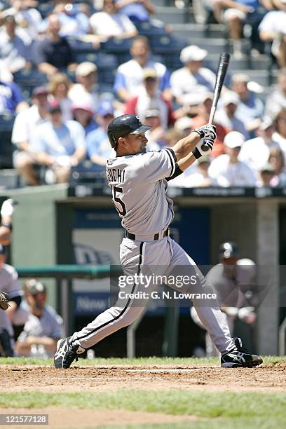 Tadahito Iguchi of the Chicago White Sox at the plate against the Kansas City Royals at Kauffman Stadium in Kansas City, Mo. On July 27, 2005. The...