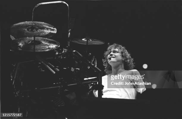 Drummer Rick Allen is shown performing on stage during a live concert appearance with Def Leppard on October 11, 1987.