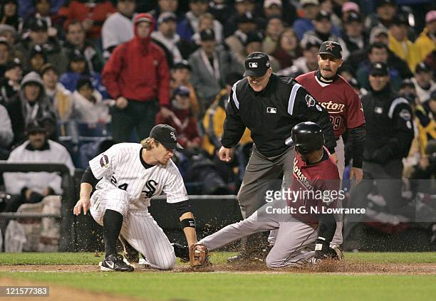 Willy Taveras hits a triple during Game 2 of the 2005 World Series against the Houston Astros at US Cellular Field in Chicago, Illinois on October...