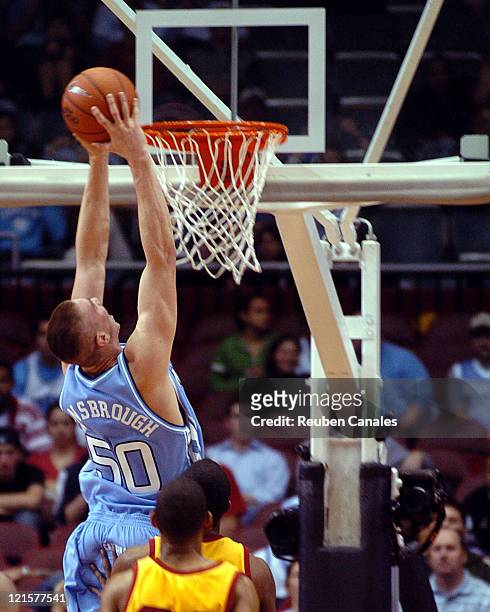 University of North Carolina Tarheels forward Tyler Hansbrough dunks in a 74 to 59 loss to the University of Southern California Trojans on December...