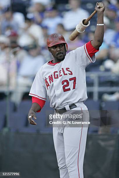 Vladimir Guerrero of the Los Angeles Angels of Anaheim in the on-deck circle during a game against the Kansas City Royals at Kauffman Stadium in...