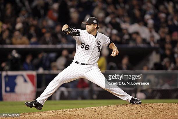 Pitcher Mark Buehrle of the Chicago White Sox in action during Game 2 of the 2005 World Series against the Houston Astros at US Cellular Field in...