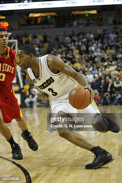 Thomas Gardner of the Missouri Tigers drives the ball during 1st half action against the Iowa State Cyclones at Mizzou Arena in Columbia, Missouri on...