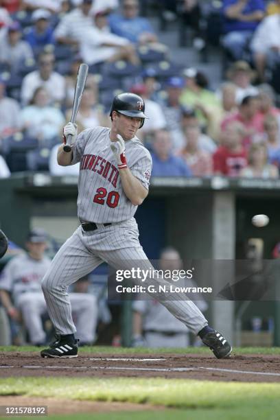 Lew Ford of the Minnesota Twins tries to avoid a pitched ball against the Kansas City Royals at Kauffman Stadium in Kansas City, Mo. On July 9, 2005....