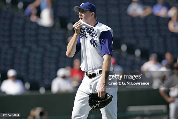 Starting pitcher Jimmy Gobble of the Kansas City Royals is taken out in the 6th inning in a game against the Detroit Tigers at Kauffman Stadium in...