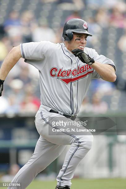 Ben Broussard of the Cleveland Indians in action against the Kansas City Royals on April 19, 2005 at Kauffman Stadium in Kansas City, Mo. The Royals...