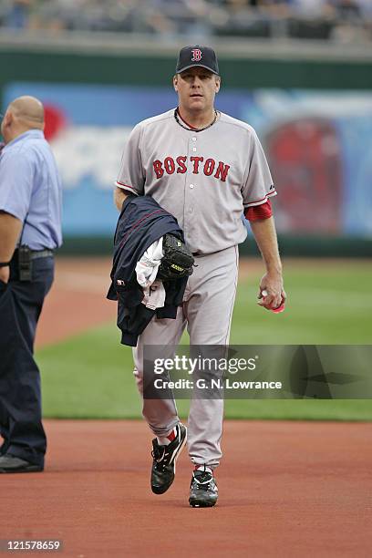 Curt Schilling of the Boston Red Sox walks in from the bullpen prior to a start against the Kansas City Royals at Kauffman Stadium in Kansas City,...