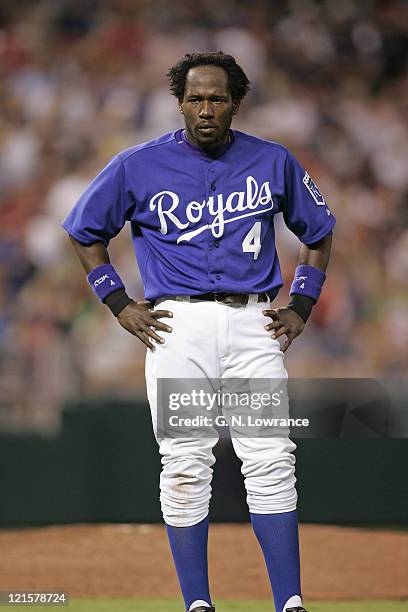 Shortstop Angel Berroa of the Kansas City Royals between innings during a game against the Boston Red Sox at Kauffman Stadium in Kansas City, Mo. On...