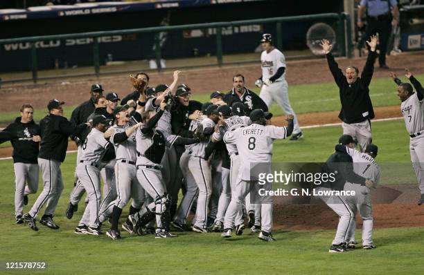 Members of the Chicago White Sox celebrate on the field after winning the 2005 World Series with a 1-0 win over the Houston Astro's at Minute Maid...