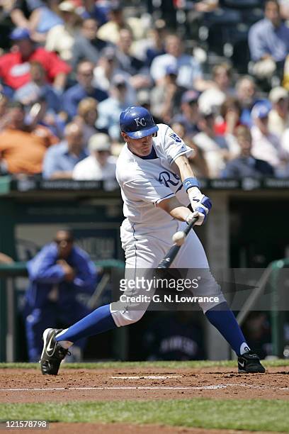 John Buck of the Kansas City Royals at the plate during action against the Minnesota Twins at Kauffman Stadium in Kansas City, Missouri on April 27,...