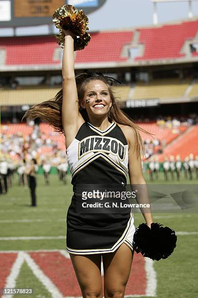 Cheerleader for the Missouri Tigers in action during a game against the Arkansas State Indians at Arrowhead Stadium in Kansas City, Mo. On September...