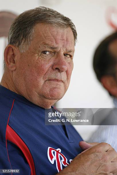 Braves manager Bobby Cox in the dugout prior to action between the Atlanta Braves and Chicago Cubs at Wrigley Field in Chicago, Illinois on May 28,...