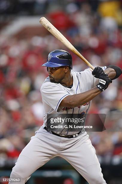 Carlos Delgado of the Mets at the plate during action between the New York Mets and the St. Louis Cardinals at Busch Stadium in St. Louis, Missouri...