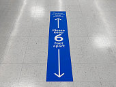 Social distancing floor sign warning about safe distance between people of 6 feet. Public health measure to prevent further spread of new corona virus Covid-19 infections.
