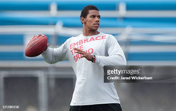 Terrelle Pryor practices prior to his pro day at a practice facility on August 20, 2011 in Hempfield Township, Pennsylvania.