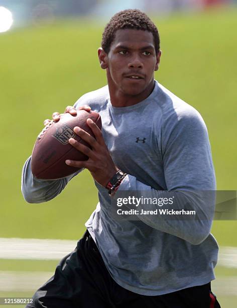 Terrelle Pryor works out during his pro day at a practice facility on August 20, 2011 in Hempfield Township, Pennsylvania.