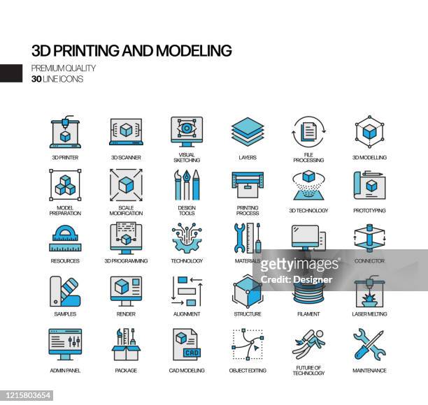 simple set of 3d printing technology related vector line icons. outline symbol collection - digital composite stock illustrations