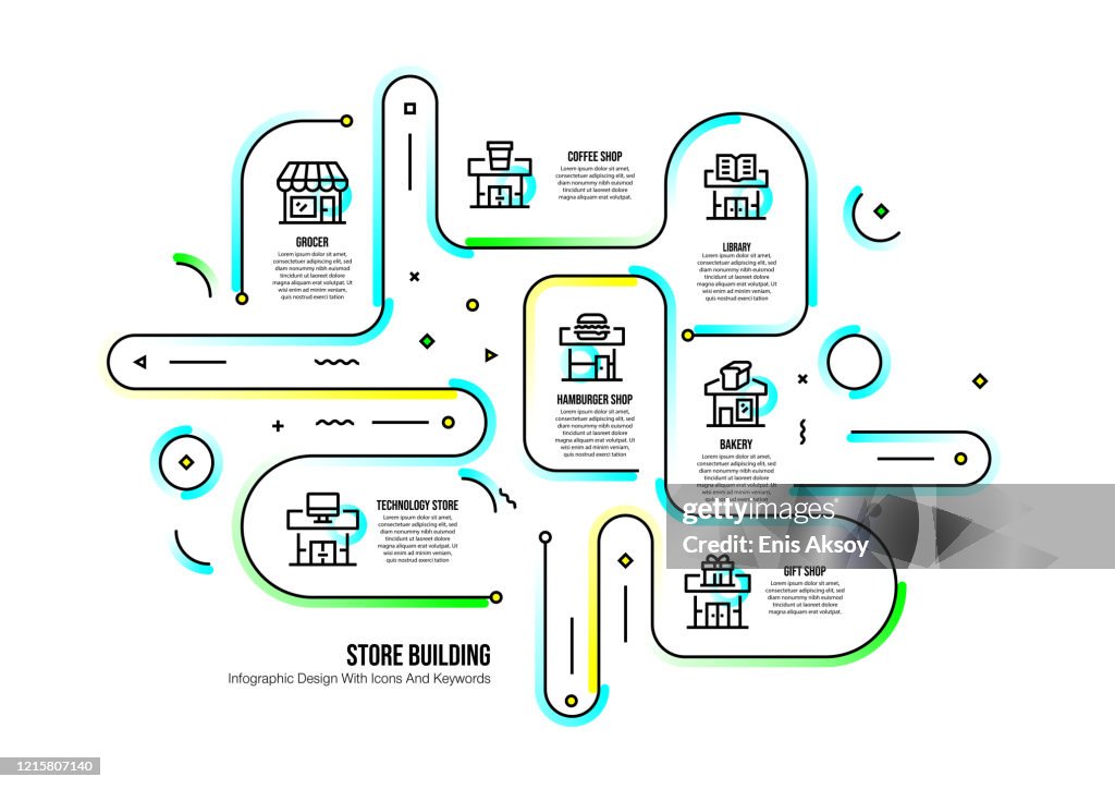 Infographic design template with store building keywords and icons