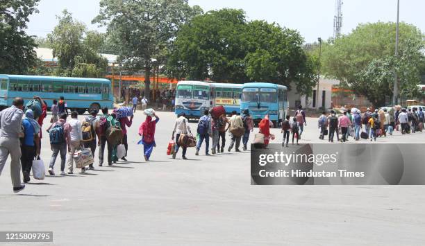 Migrants head to board Haryana Roadways transit buses to Gurugram railway station on their way to board a Jharkhand bound Shramik Special train, at...