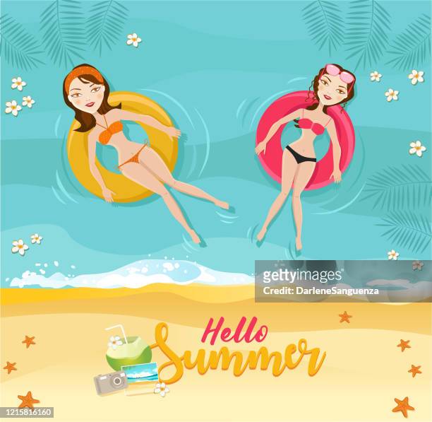 女性在充氣機上放鬆和游泳。 - girls sunbathing 幅插畫檔、美工圖案、卡通及圖標