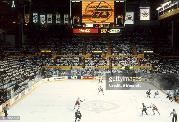An interior, general view of the Winnipeg Arena during the Los Angeles Kings and Winnipeg Jets NHL game circa 1996 at the Winnipeg Arena in Winnipeg,...