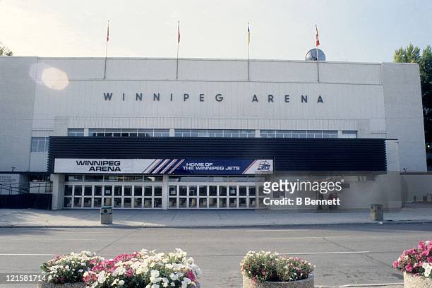 An exterior, general view of the Winnipeg Arena before the Dallas Stars and Winnipeg Jets NHL game on October 7, 1995 at the Winnipeg Arena in...