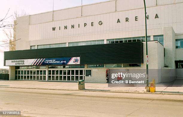 An exterior, general view of the Winnipeg Arena circa 1990 at the Winnipeg Arena in Winnipeg, Manitoba, Canada.
