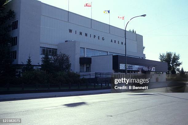 An exterior, general view of the Winnipeg Arena circa 1988 at the Winnipeg Arena in Winnipeg, Manitoba, Canada.