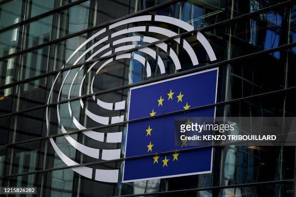 Picture taken on May 28 in Brussels shows the logo of the the European Parliament.