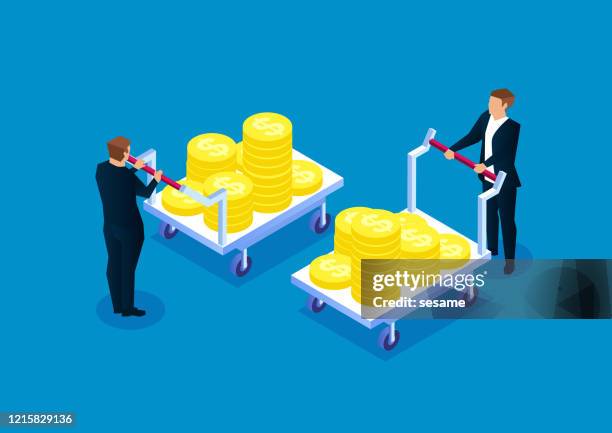 businessman pushing cart full of gold coins - goods and service tax stock illustrations