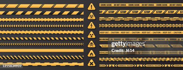 warning signs and seamless caution tape set - warning triangle vector stock illustrations