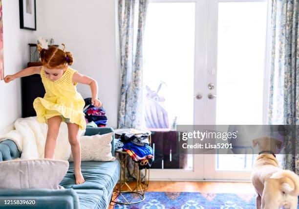 la bambina salta sul divano in un soggiorno disordinato - girl on couch with dog foto e immagini stock