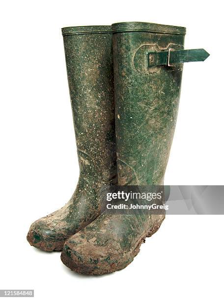 muddy wellington boots - rubberlaars stockfoto's en -beelden