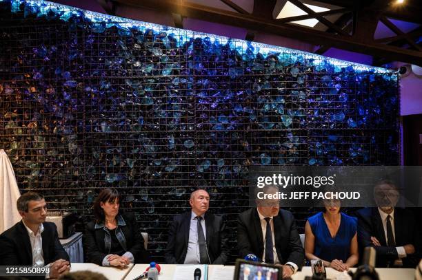 French centre-right La Republique En Marche party outgoing Mayor of Lyon Gerard Collomb , Lyon mayoral candidates Yann Cucherat of LREM and Etienne...