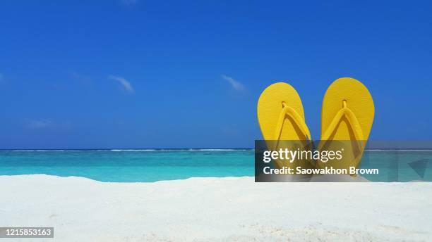 yellow flipflops stuck in the sand, sandals on a tropical beach, relaxing travel vacation concept - flip flop stock pictures, royalty-free photos & images