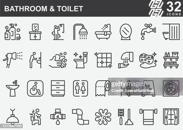 bathroom and toilet line icons - taking a bath stock illustrations
