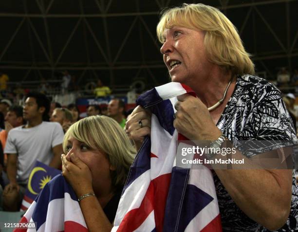 Chris Hoy's mother Carol Hoy celebrates after he wins gold in the Keirin Final held at the Laoshan Velodrome during Day 9 of the 2008 Beijing Summer...