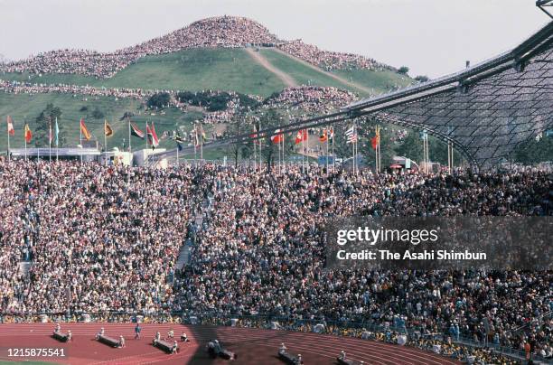 General view during the opening ceremony of the Munich Olympic Games at the Olympic Stadium on August 26, 1972 in Munich, West Germany.