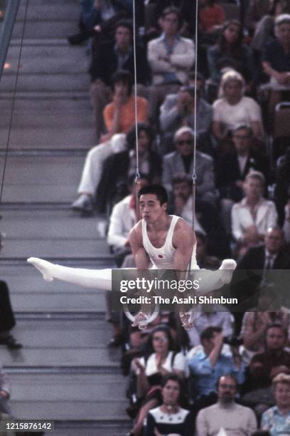 Sawao Kato of Japan competes in the Rings of the Artistic Gymnastics Men's Team during the Munich Olympic Games at the Sporthalle on August 29, 1972...